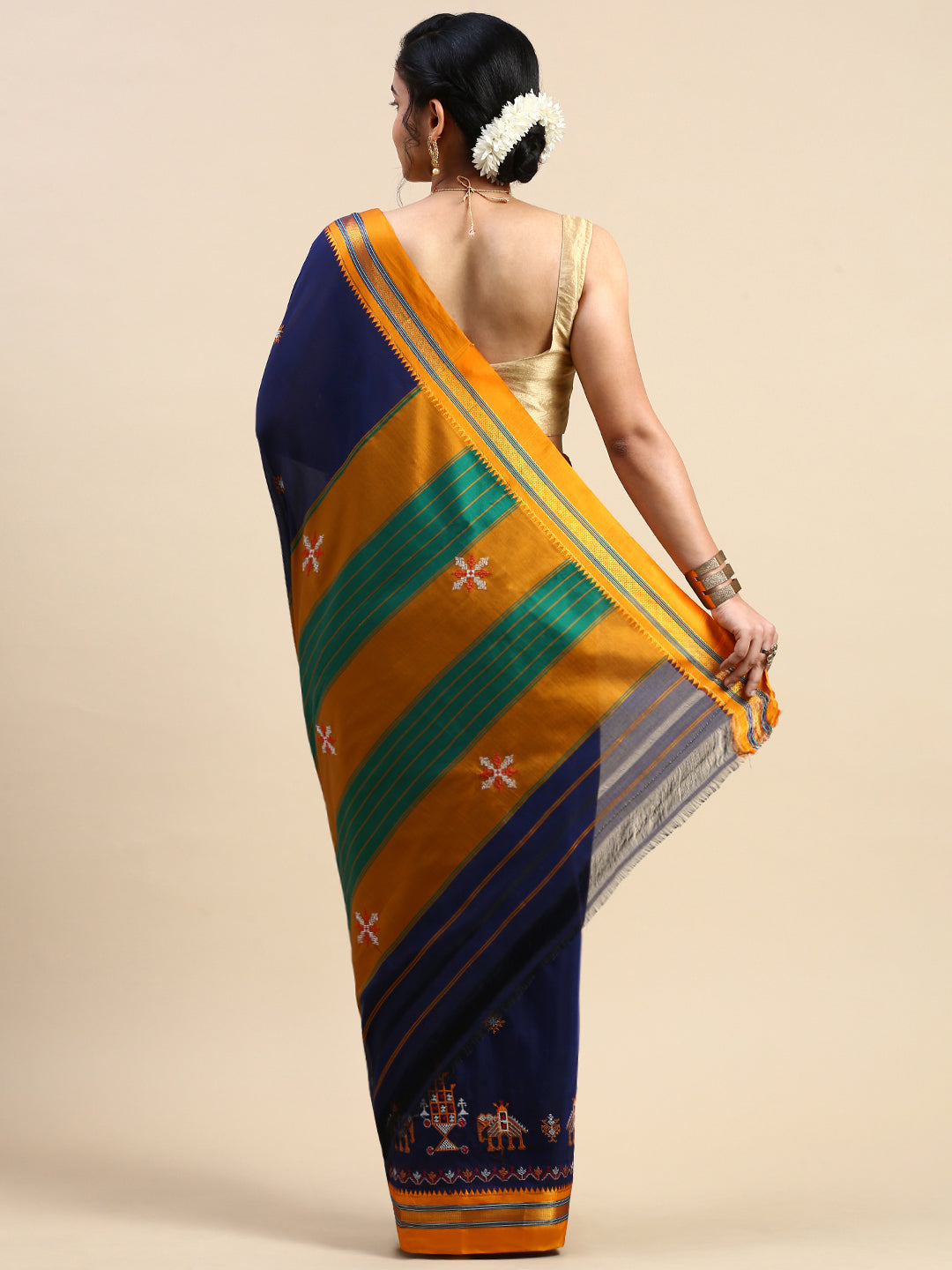 Blue Cotton Saree With Karnataka Kasuti Work And Silk Border