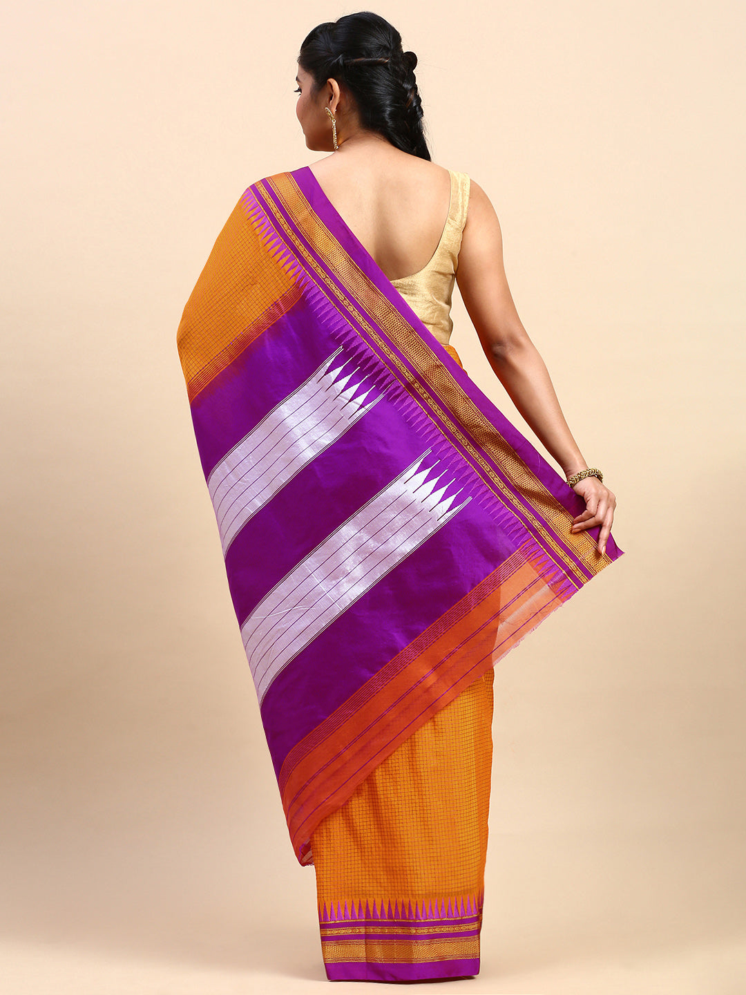 Orange Thane Warp Check Saree with Top Pallu