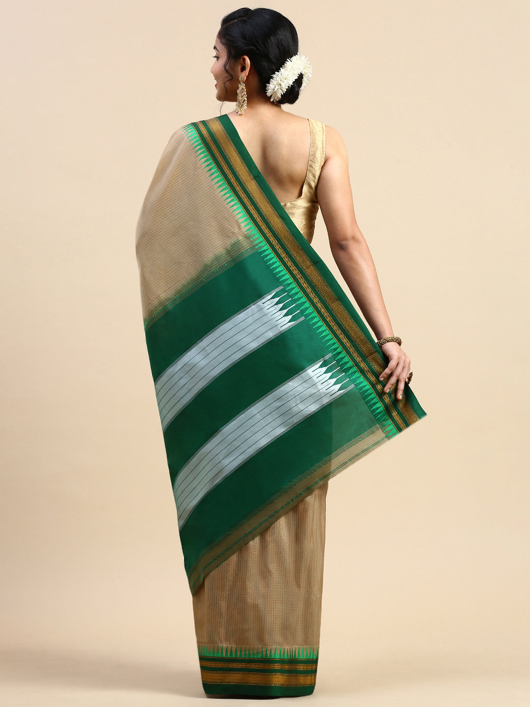 Khaki Thane Warp Check Saree with Top Pallu