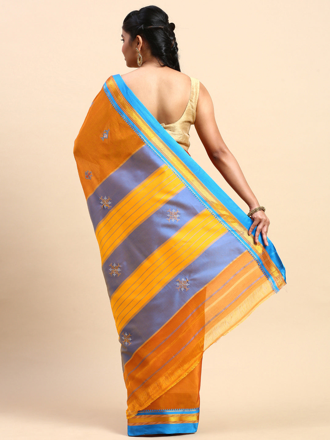 Kasuti Work Handloom Cotton Blend Saree in Gold with Blue Border