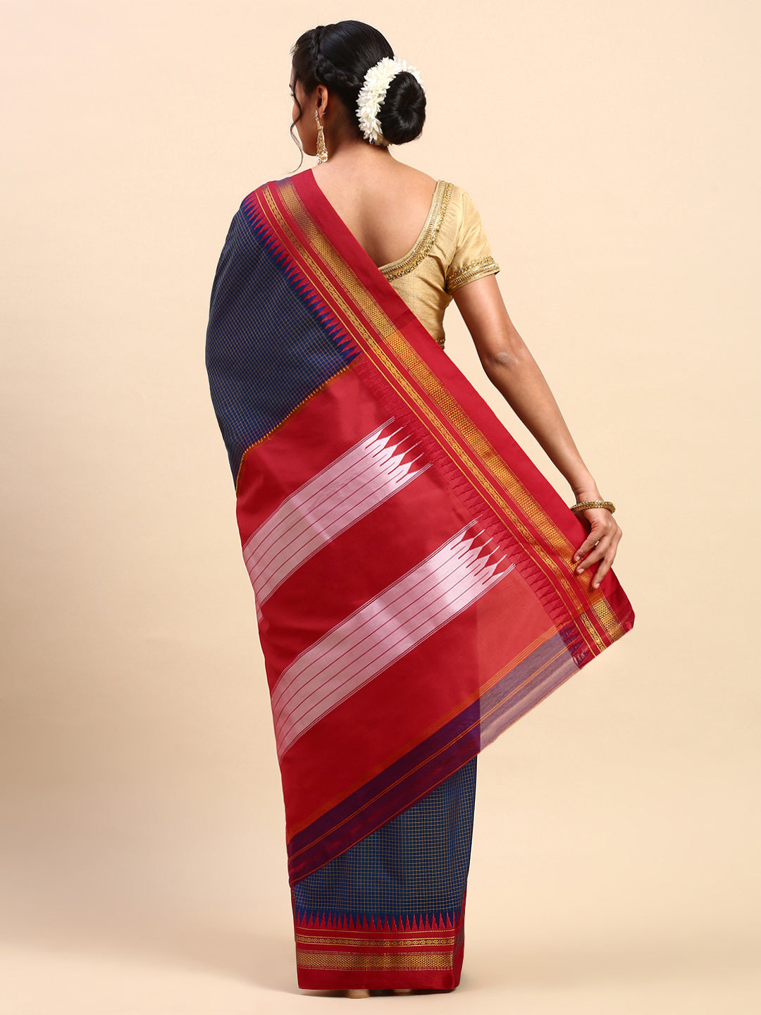 Dark Indigo Thane Warp Check Saree with Top Pallu