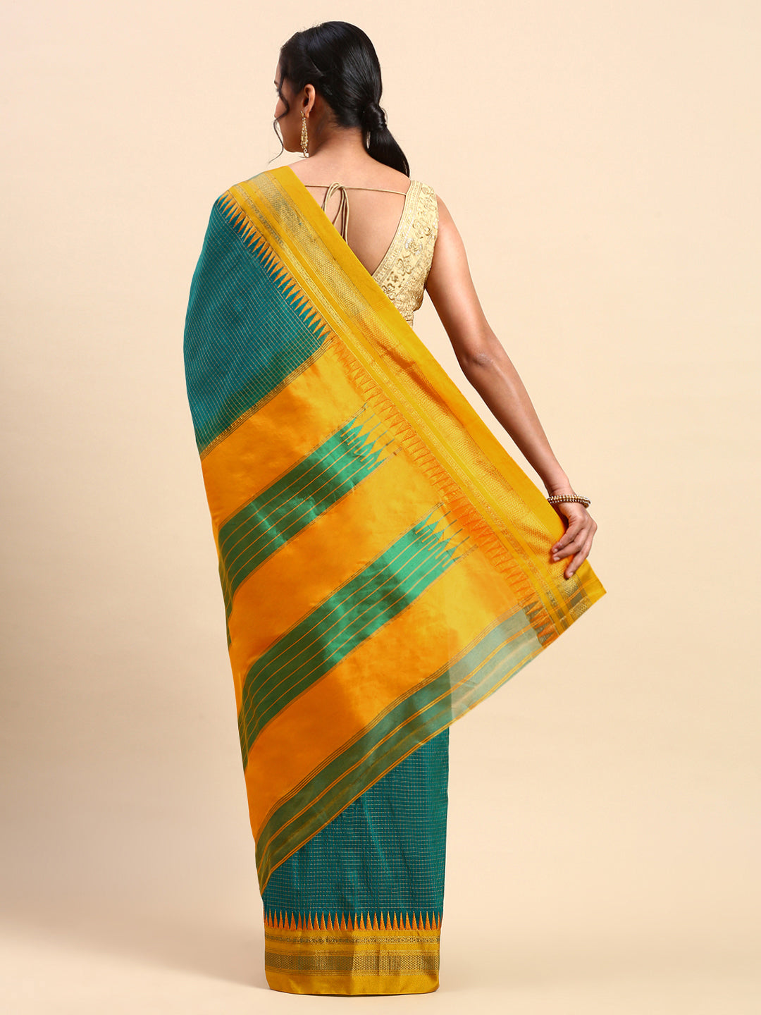 Green Thane Warp Check Saree with Top Pallu