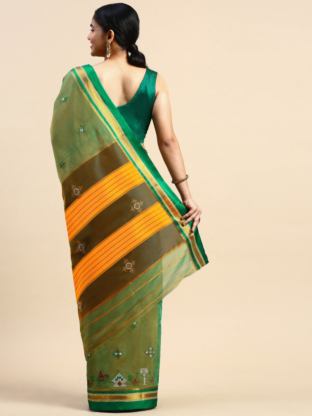 Green Cotton Saree With Karnataka Kasuti Work  And Silk Border