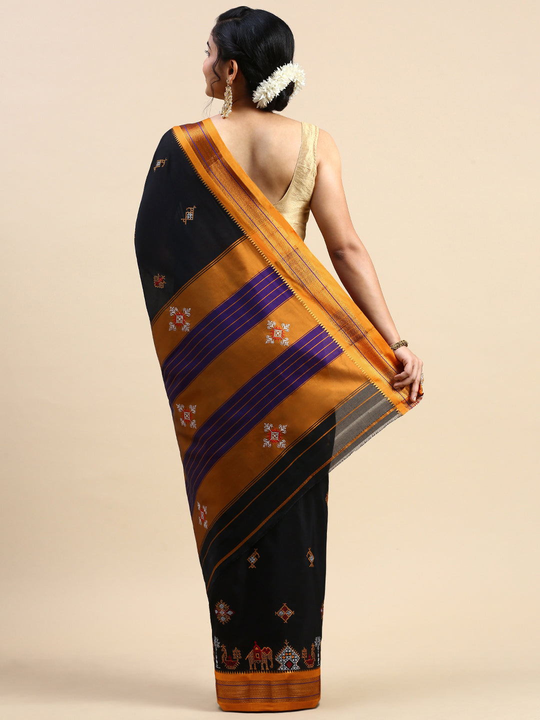 Black Cotton Saree With Karnataka Kasuti Work And Silk Border