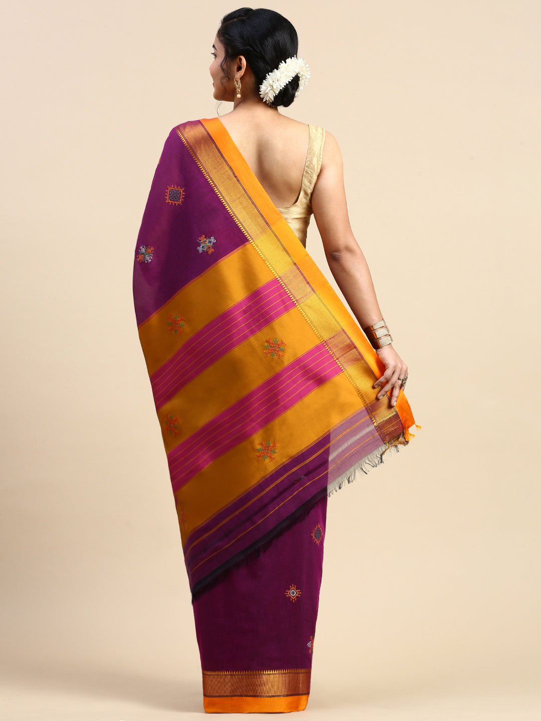 Purple Cotton Saree With Karnataka Kasuti Work And Silk Border