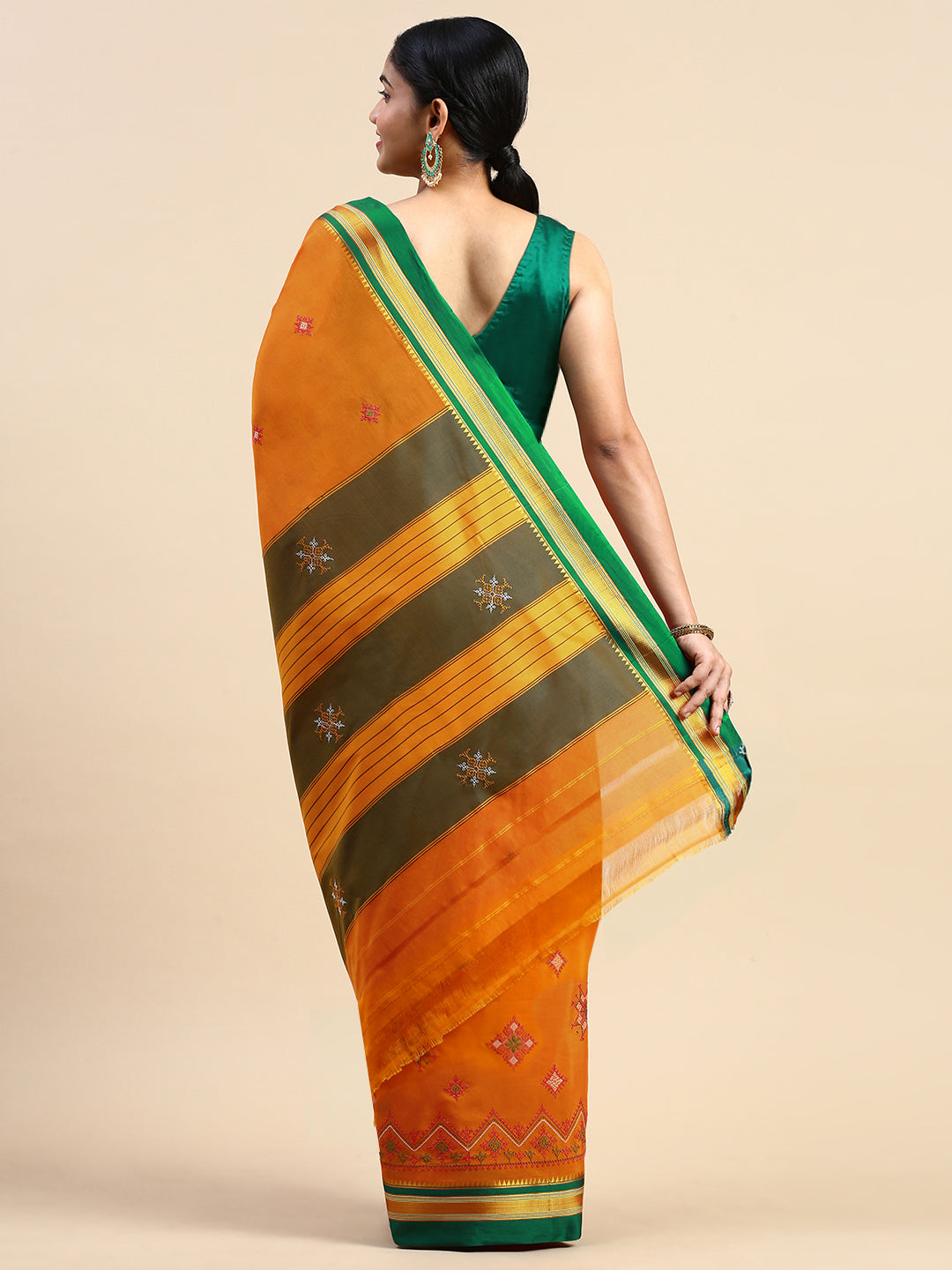 Orange Cotton Saree With Karnataka Kasuti Work And Silk Border