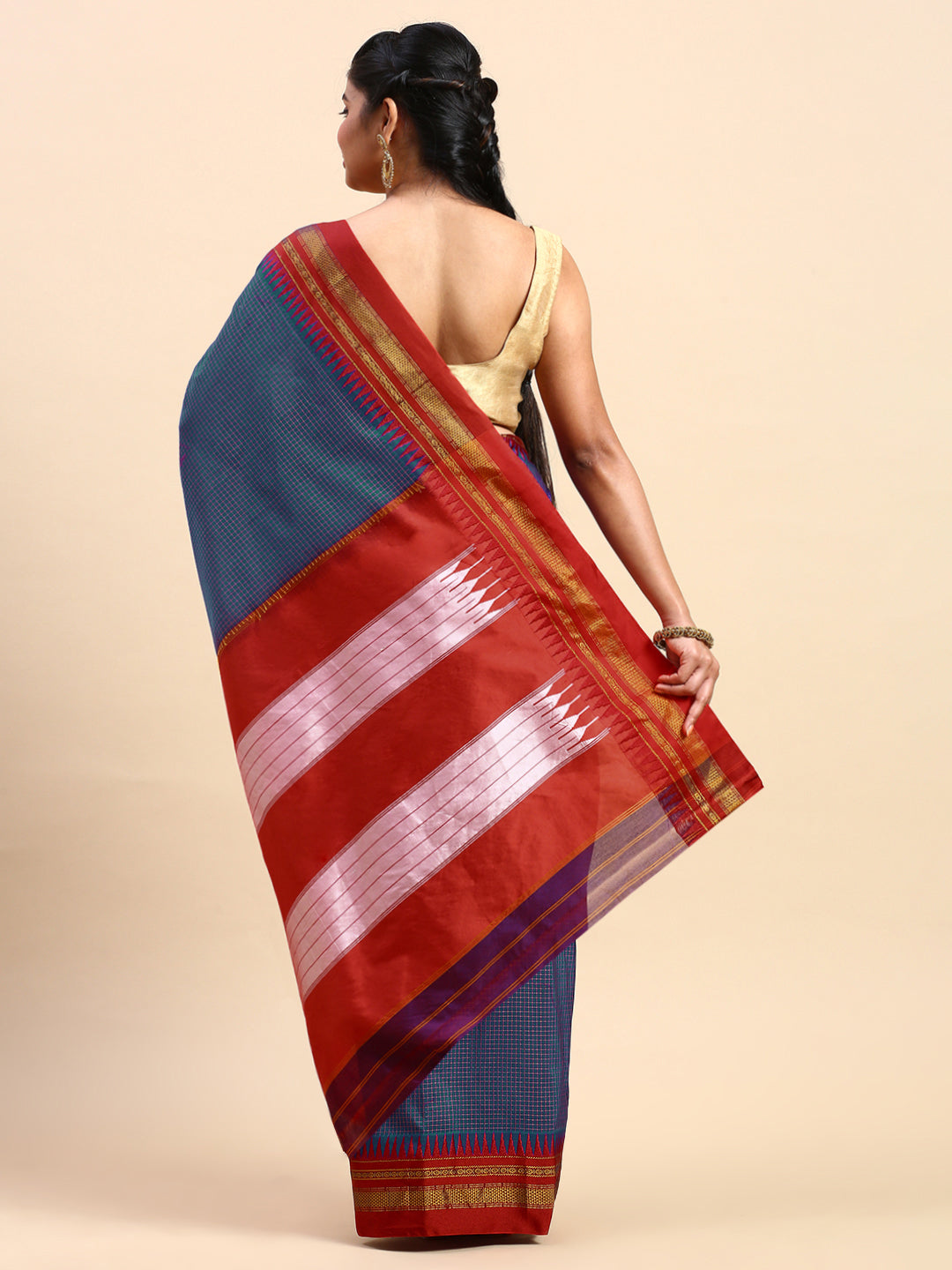 Indigo Blue Thane Warp Check Saree with Top Pallu