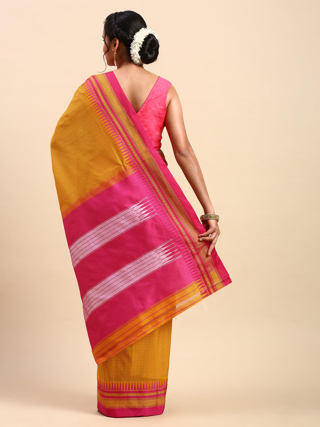 Gold Yellow Thane Warp Check Saree with Top Pallu