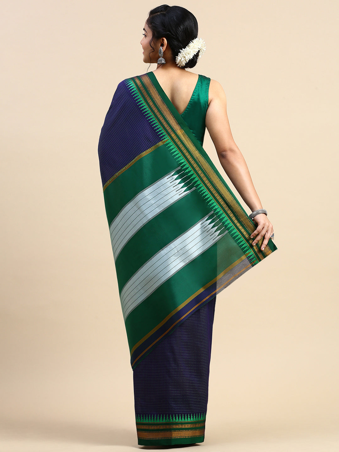 Dark Blue Thane Warp Check Saree with Top Pallu