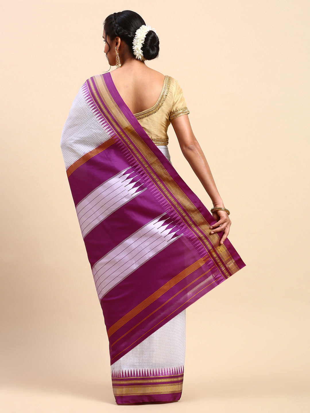 White Thane Warp Check Saree with Top Pallu