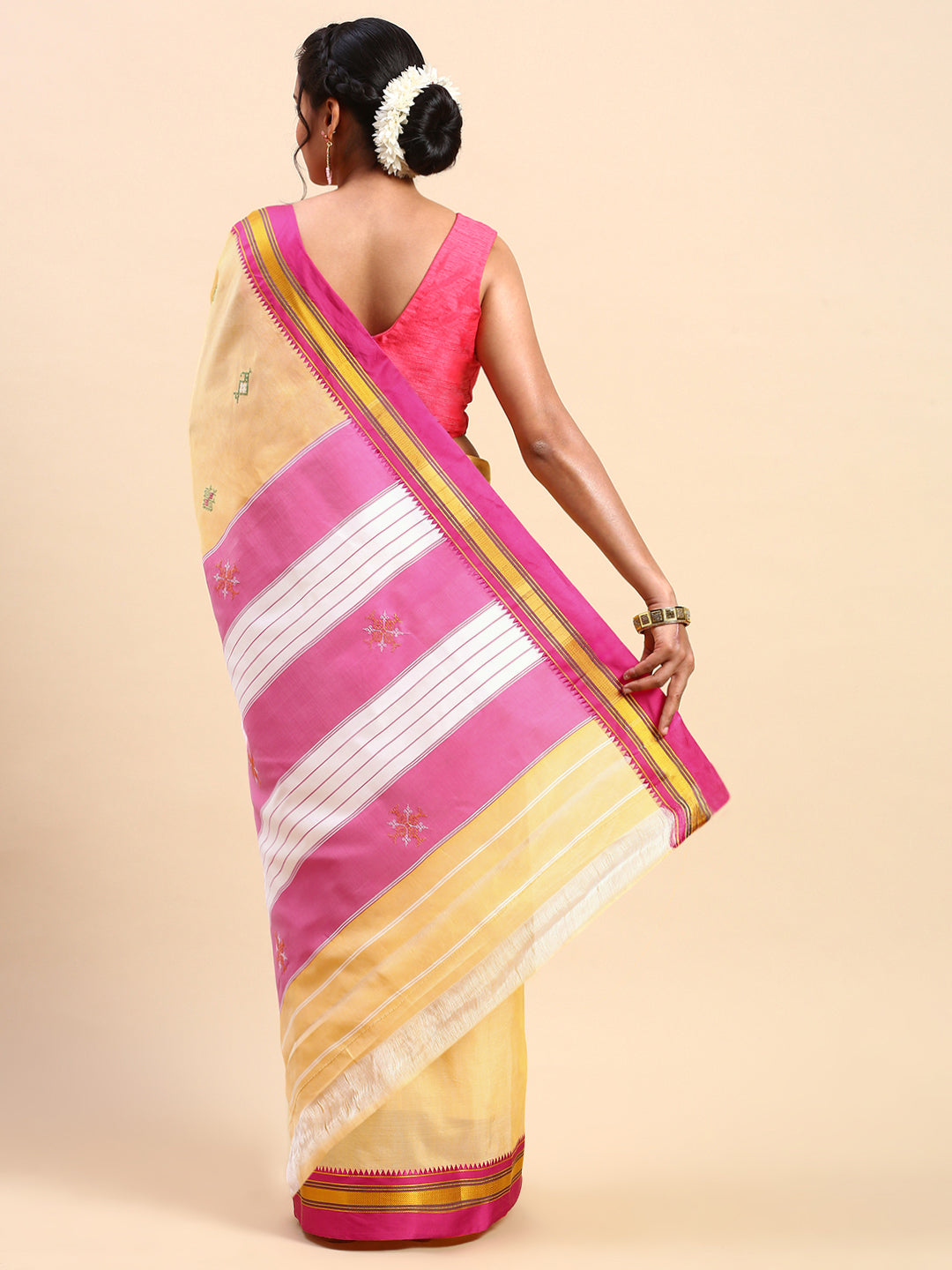 Lemon Yellow Cotton Saree With Karnataka Kasuti Work And Silk Border