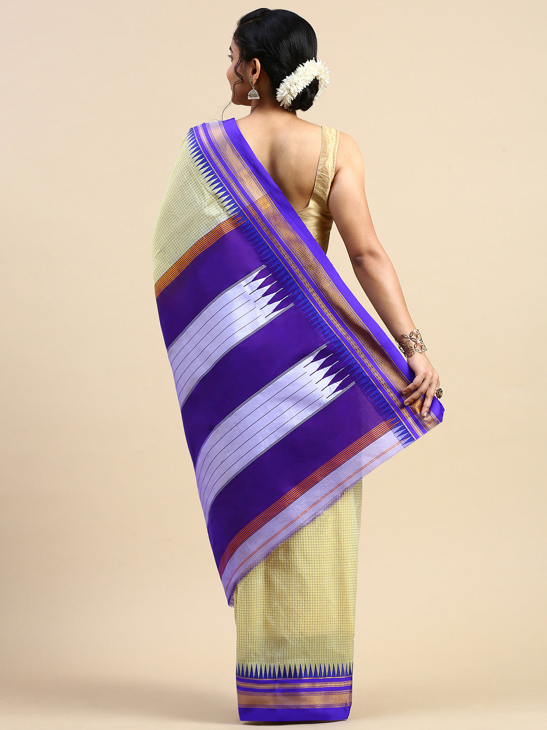 Off White Thane Warp Check Saree with Top Pallu