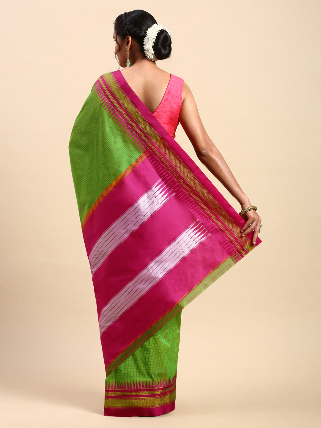 Bright Green Thane Warp Check Saree with Top Pallu