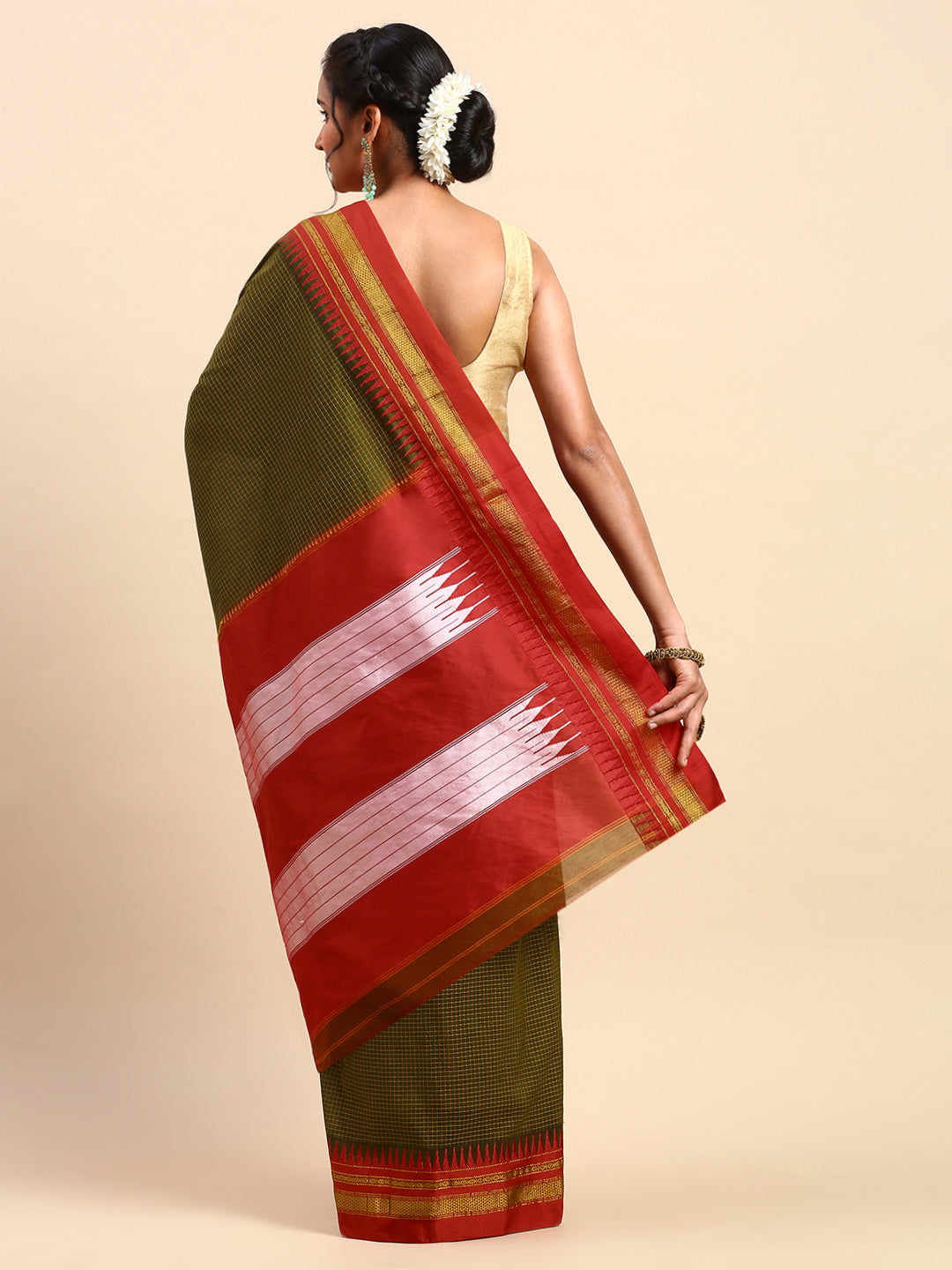 Mehndi Green Thane Warp Check Saree with Top Pallu