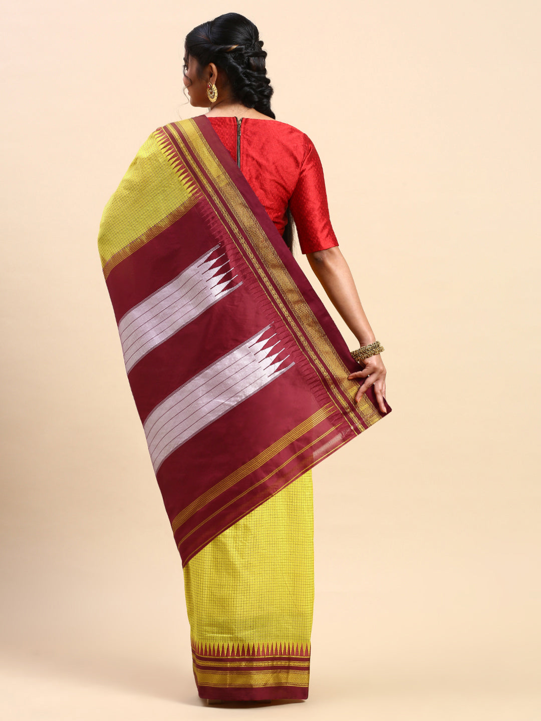 Yellow Thane Warp Check Saree with Top Pallu