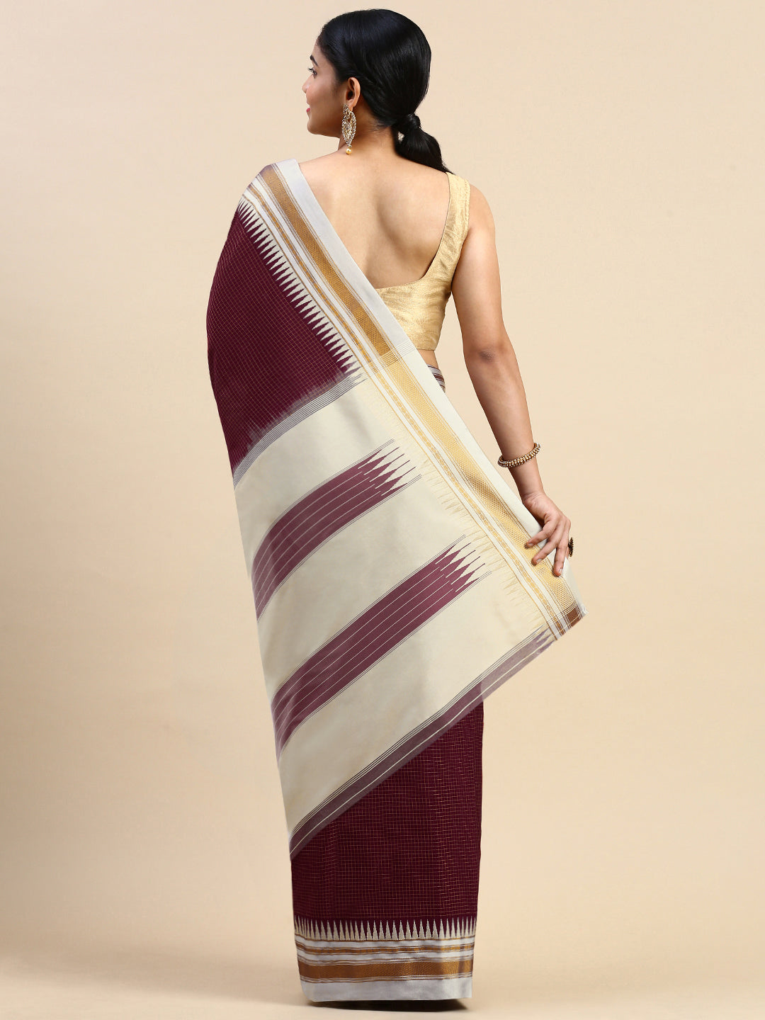 Dark Brown Thane Warp Check Saree with Top Pallu