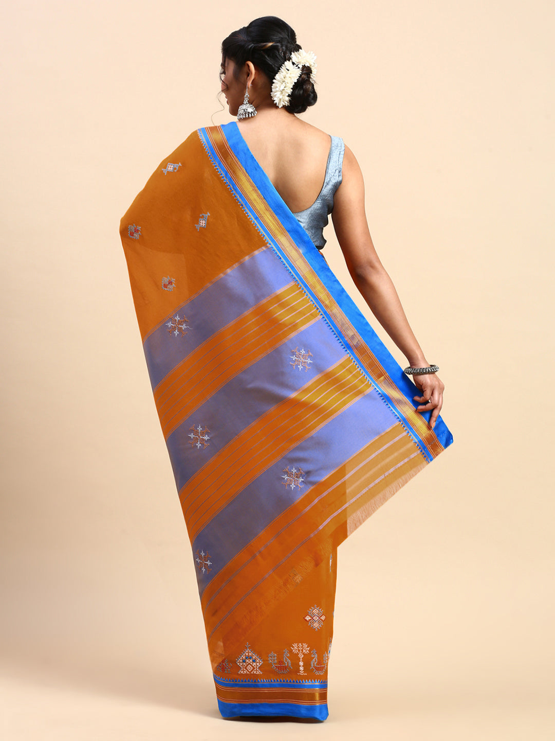 Kasuti Work Handloom Cotton Blend Saree in Brown and Metallic Blue Border