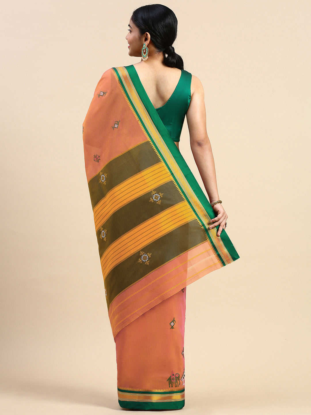 Peach Cotton Saree With Karnataka Kasuti Work And Silk Border