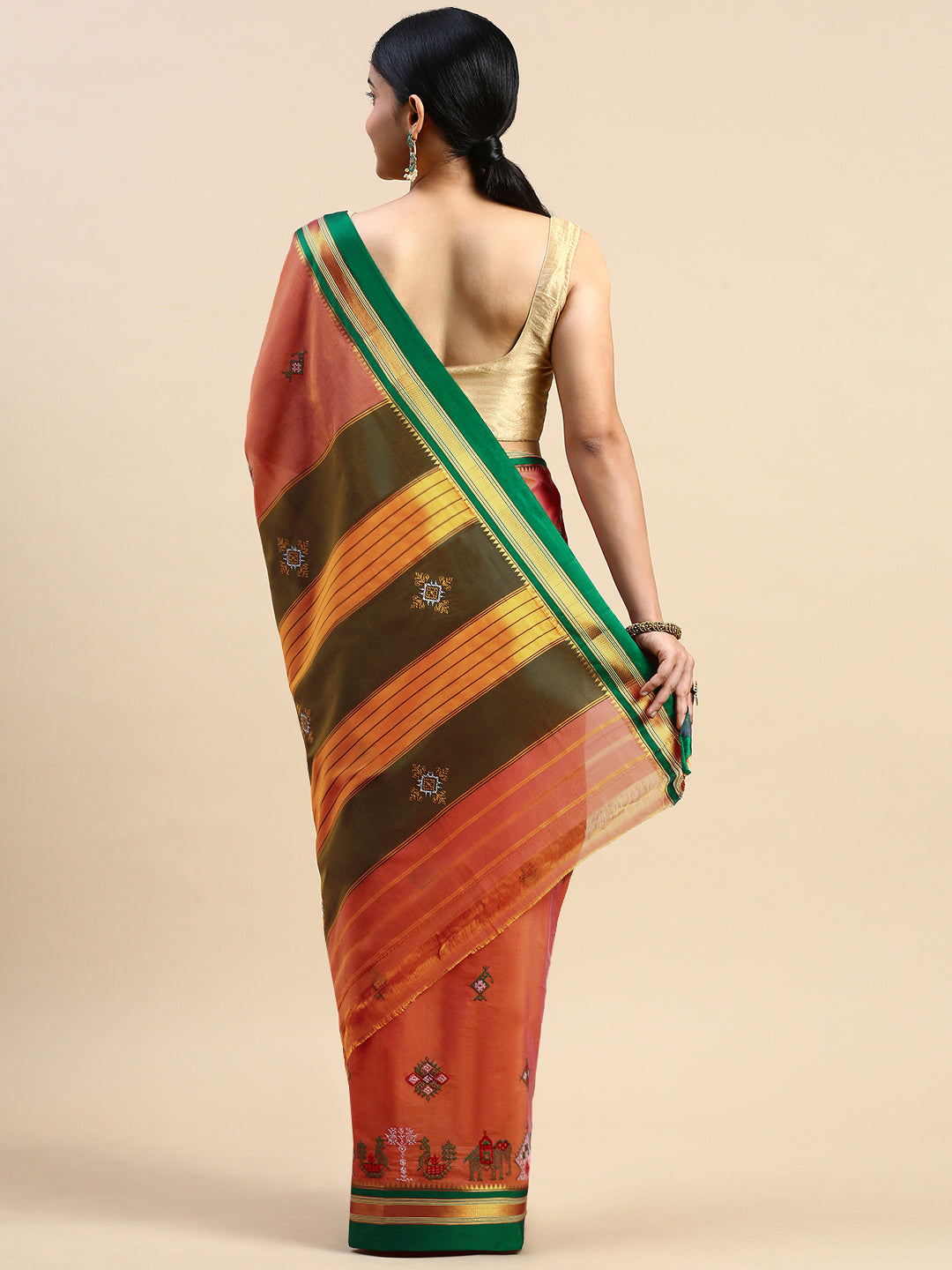 Peach Color Cotton Saree With Karnataka Kasuti Work And Silk Border