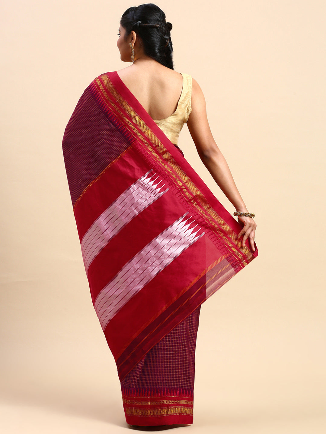 Red Thane Warp Check Saree with Top Pallu