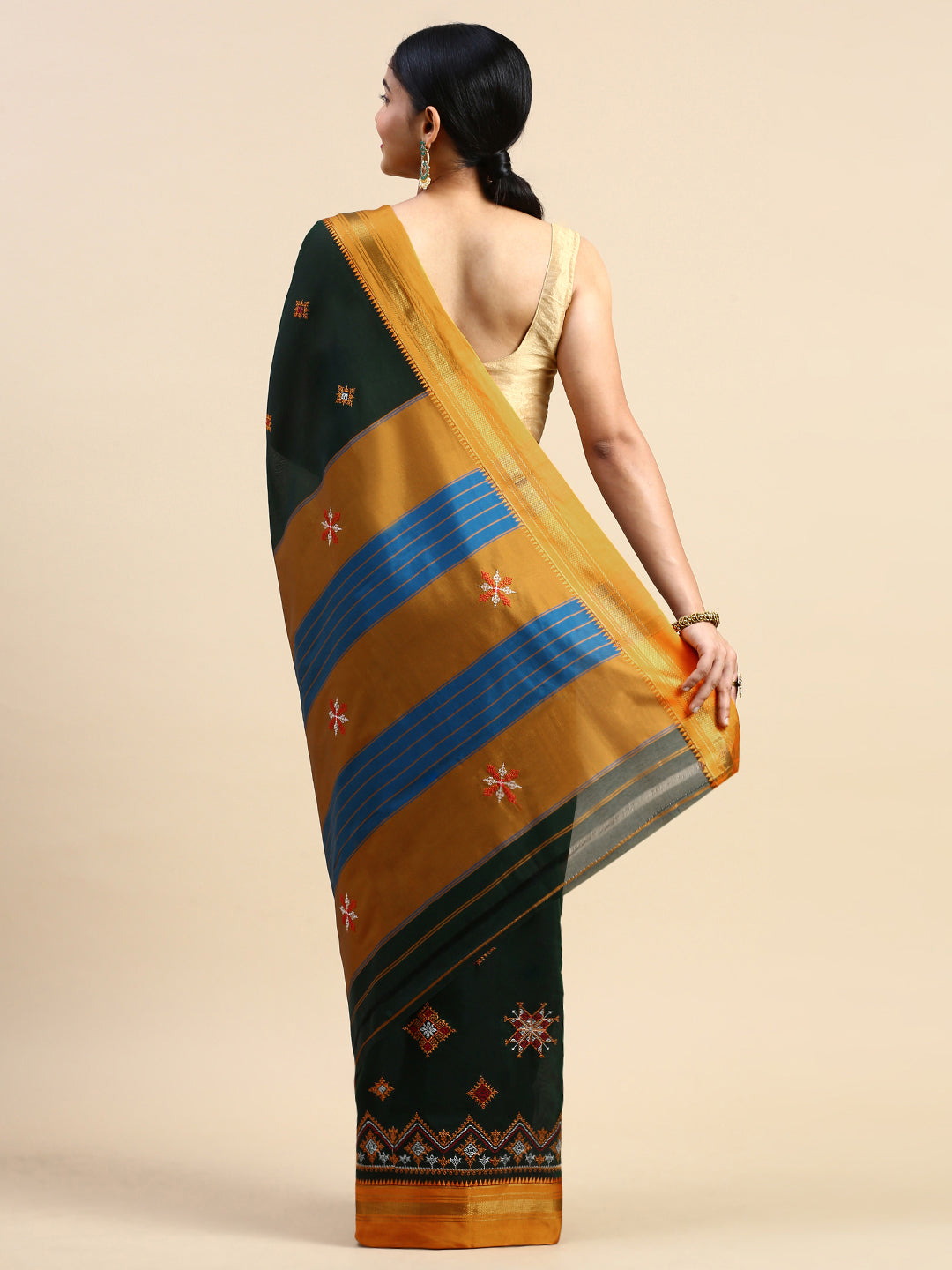 Mustard (Yellow) Cotton Saree Karnataka Kasuti WorkAnd Silk Border