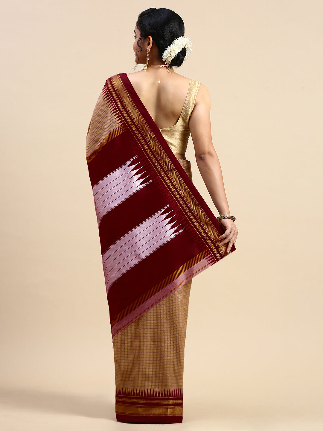 Nude color Thane Warp Check Saree with Top Pallu