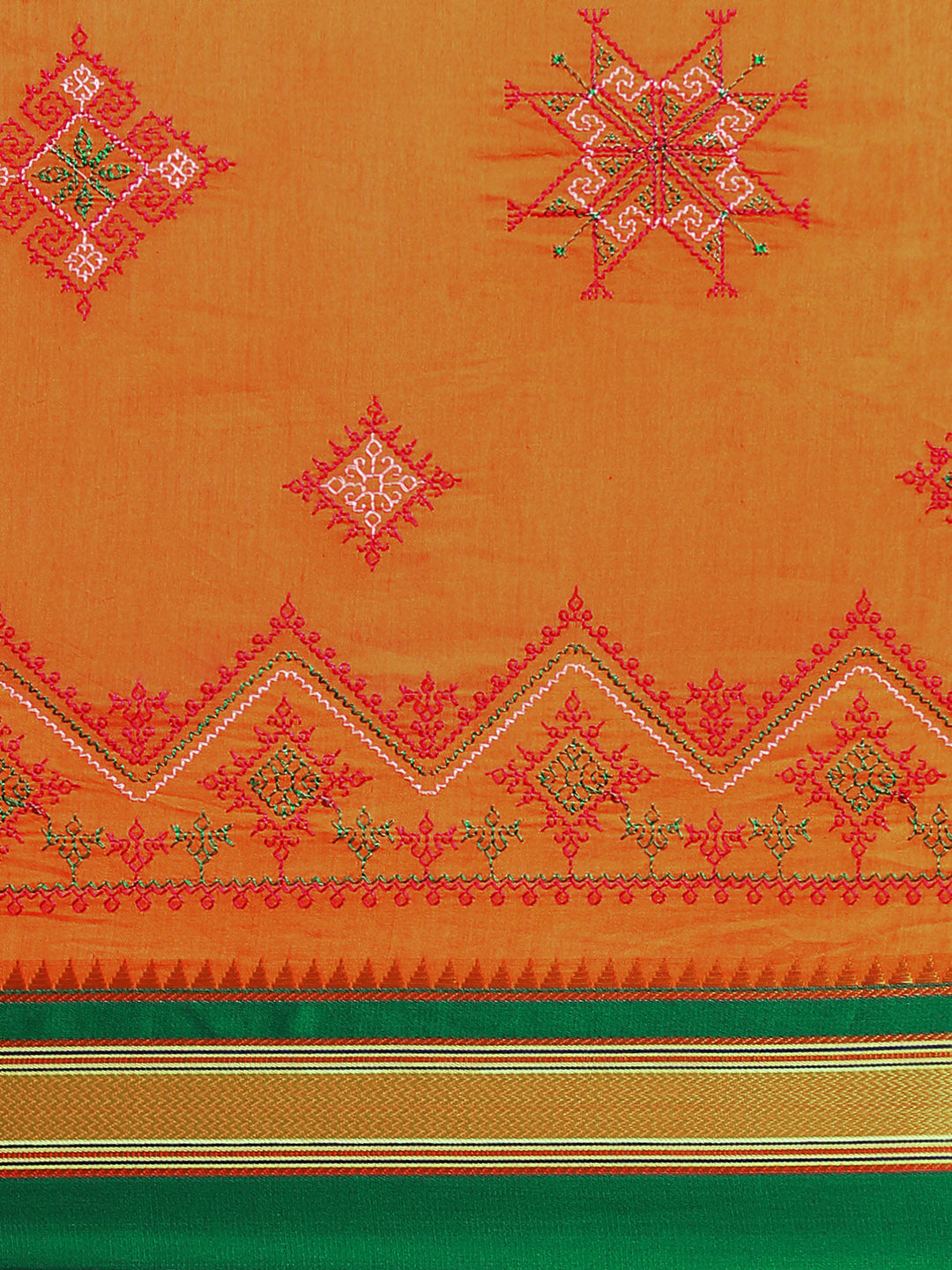 Orange Cotton Saree With Karnataka Kasuti Work And Silk Border