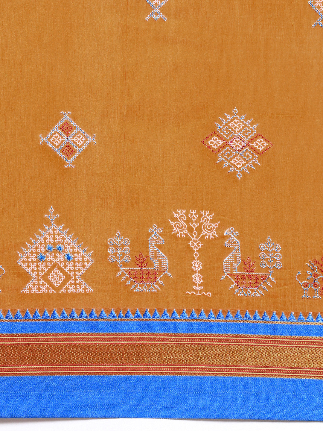 Kasuti Work Handloom Cotton Blend Saree in Brown and Metallic Blue Border