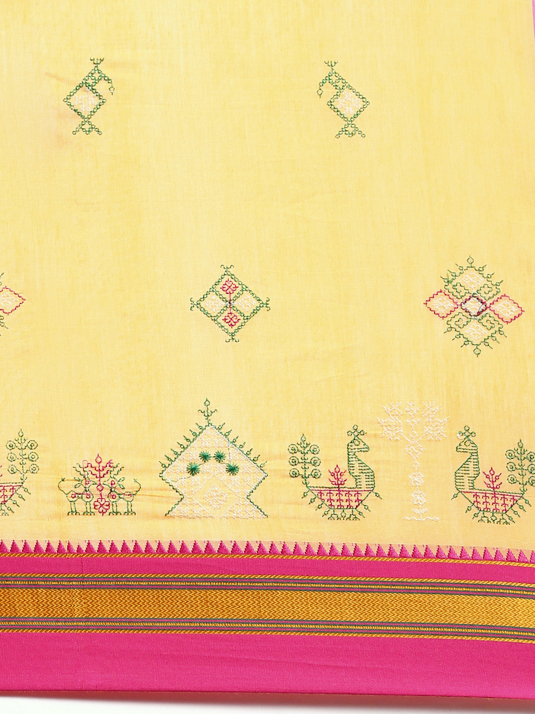 Lemon Yellow Cotton Saree With Karnataka Kasuti Work And Silk Border