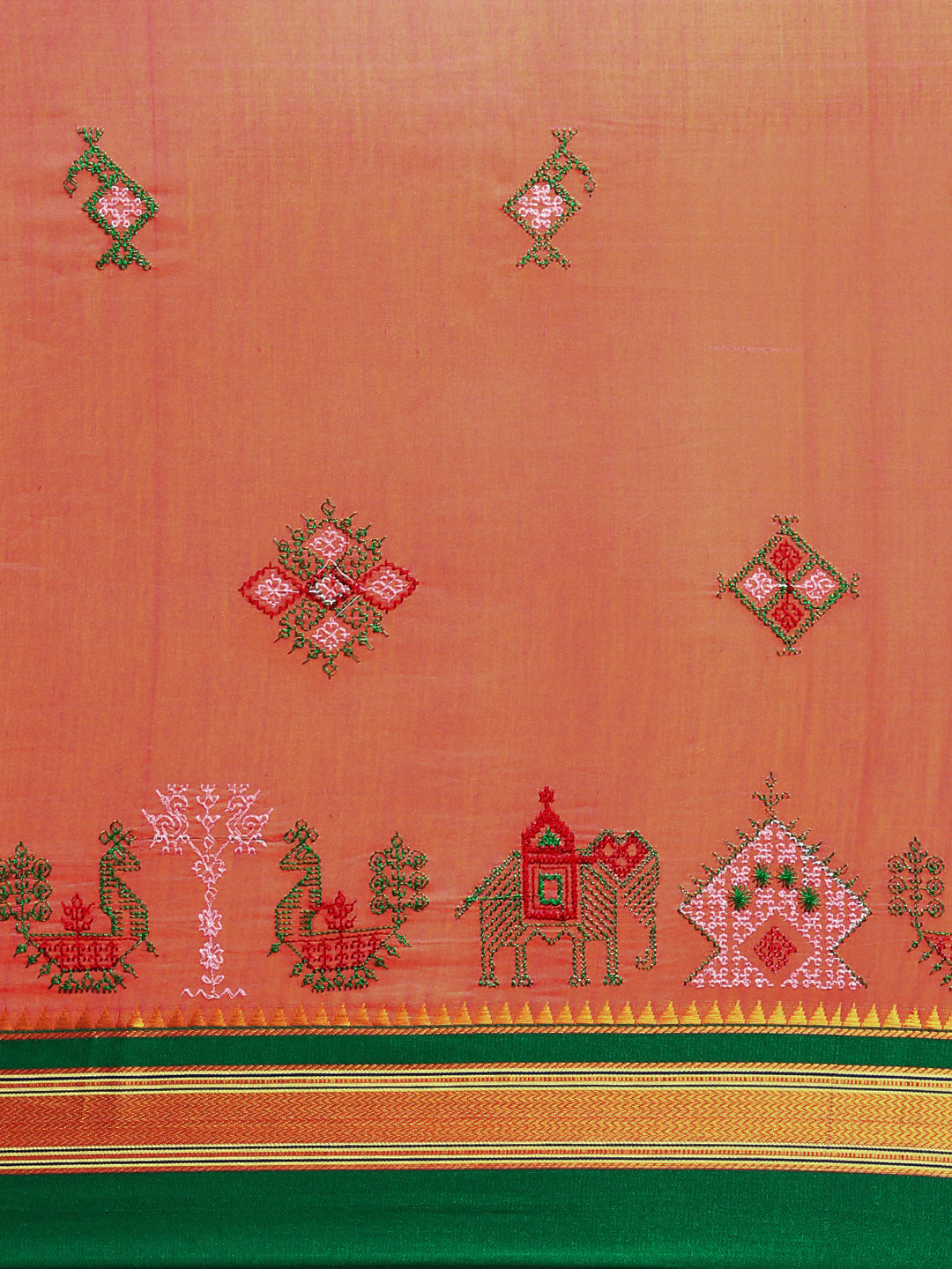 Peach Color Cotton Saree With Karnataka Kasuti Work And Silk Border