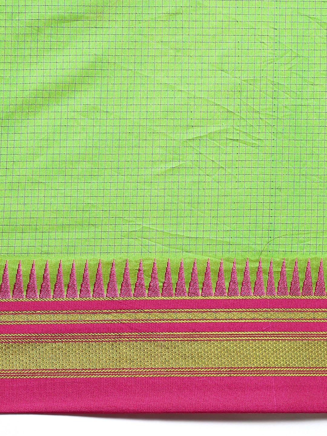 Bright Green Thane Warp Check Saree with Top Pallu