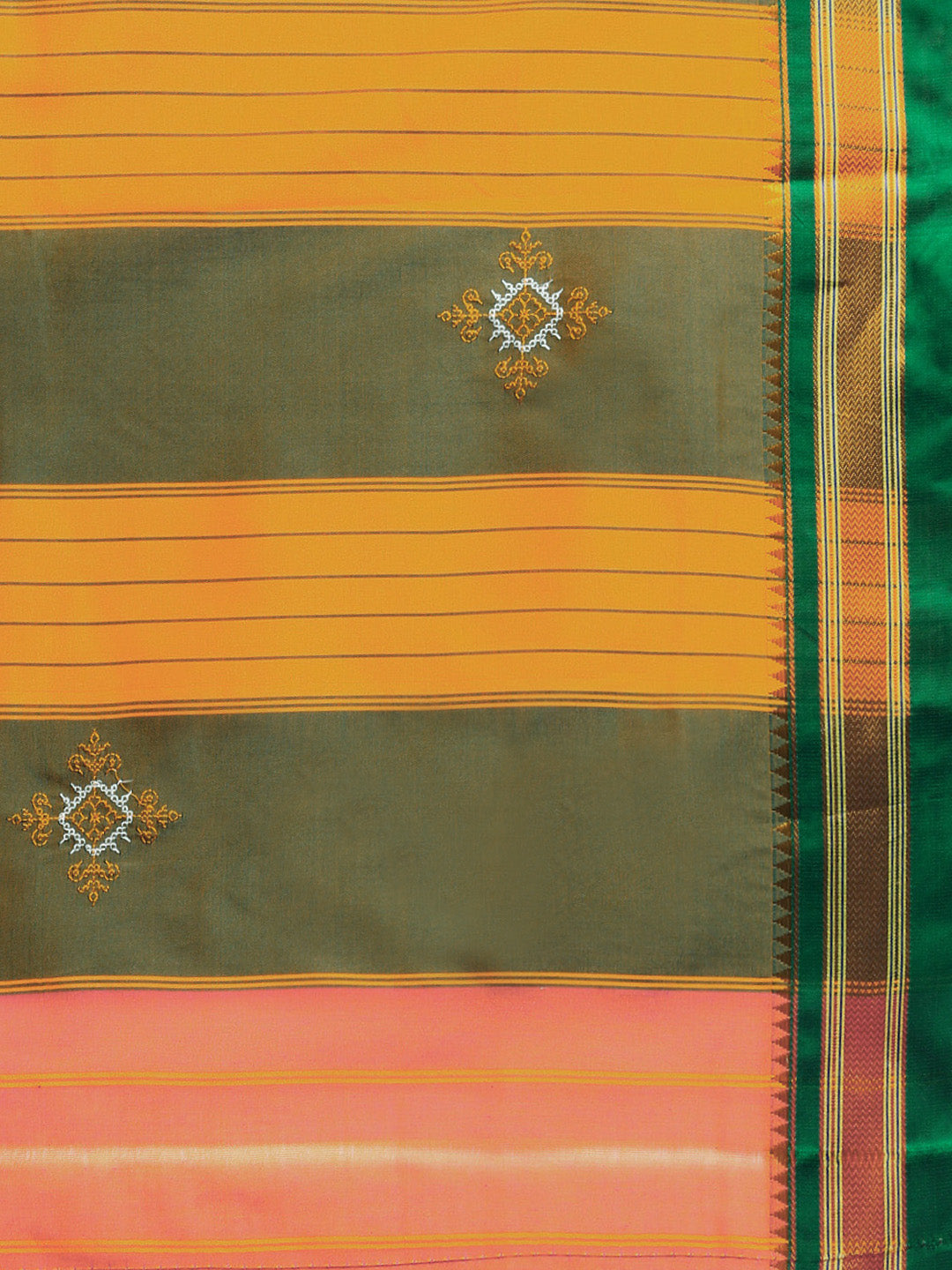 Peach Cotton Saree With Karnataka Kasuti Work And Silk Border