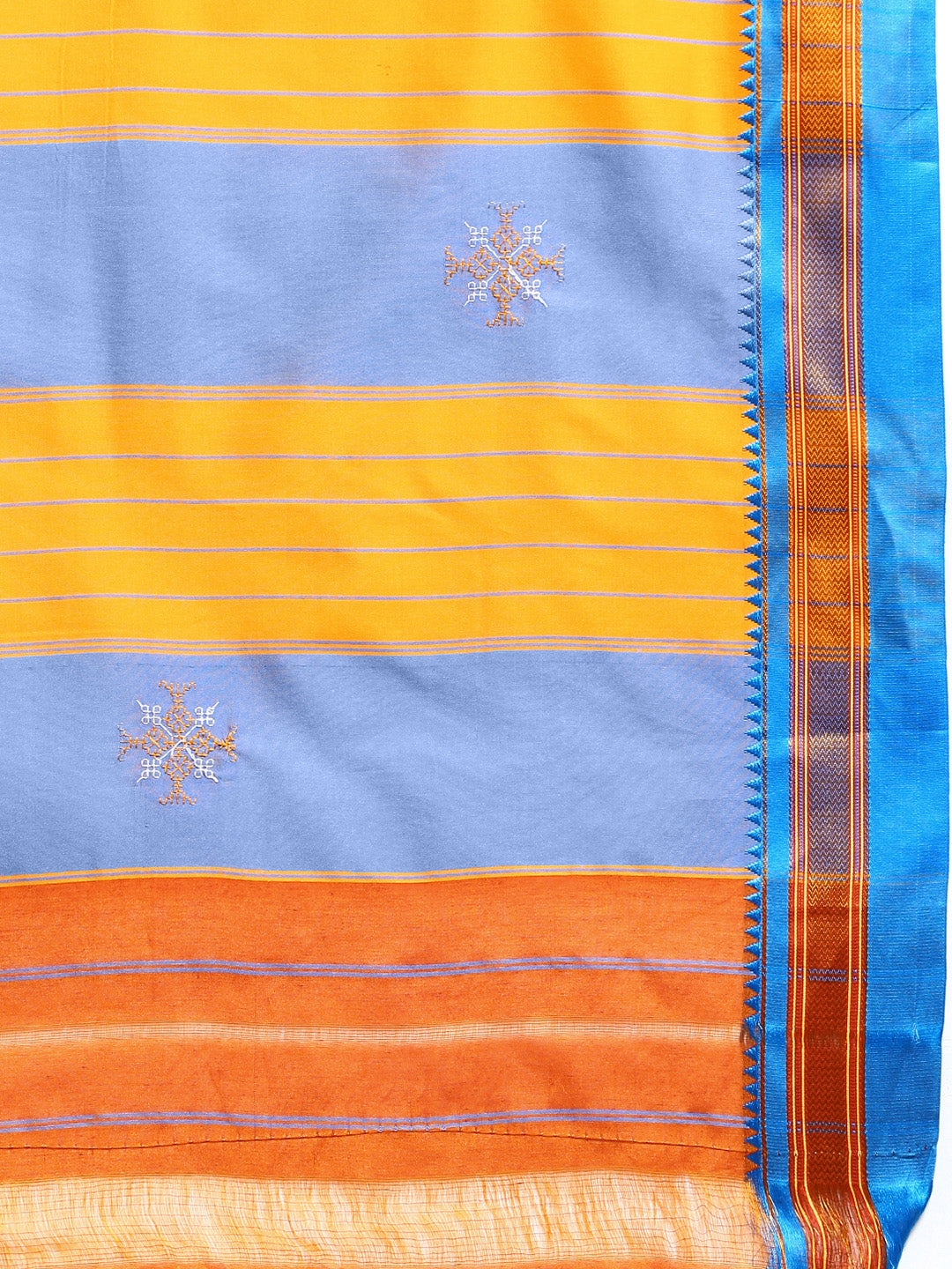 Kasuti Work Handloom Cotton Blend Saree in Gold with Blue Border