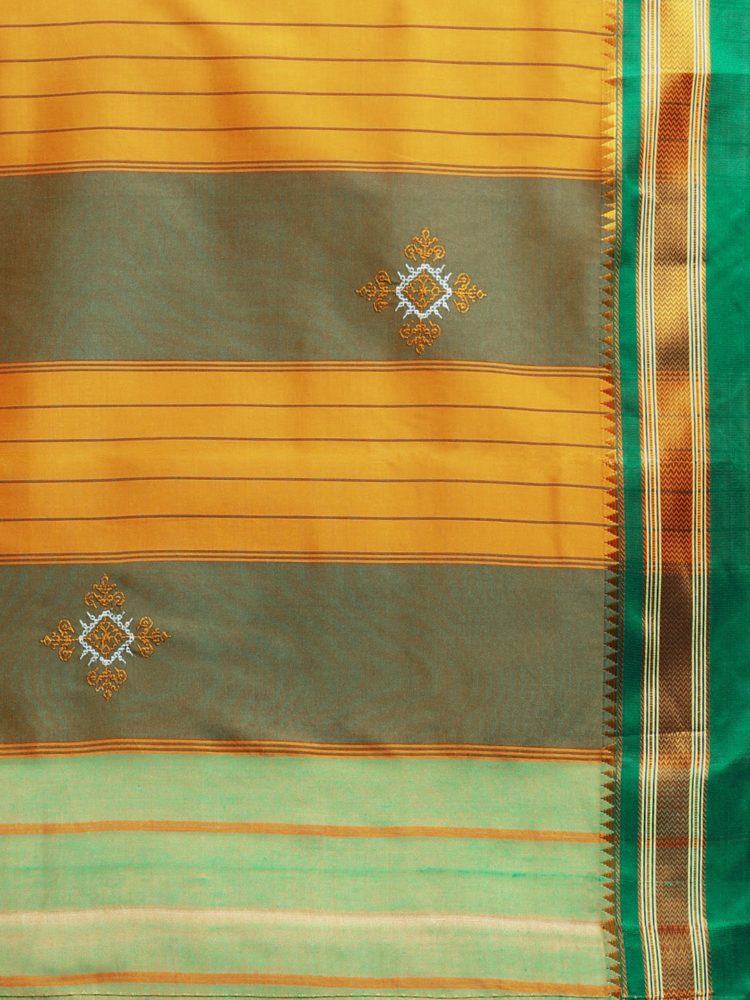 Green Cotton Saree With Karnataka Kasuti Work  And Silk Border