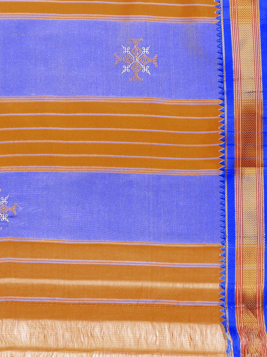 Kasuti Work Handloom Cotton Blend Saree in Brown and Metallic Blue Border