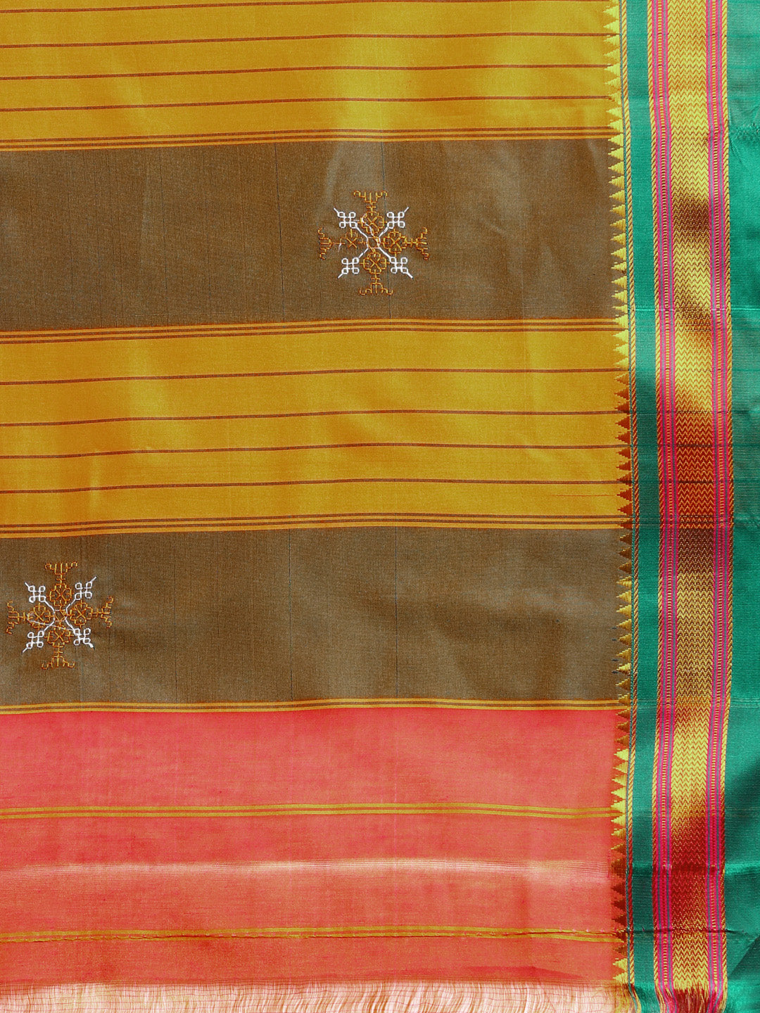 Bright Orange Cotton Saree With Karnataka Kasuti Work And Silk Border