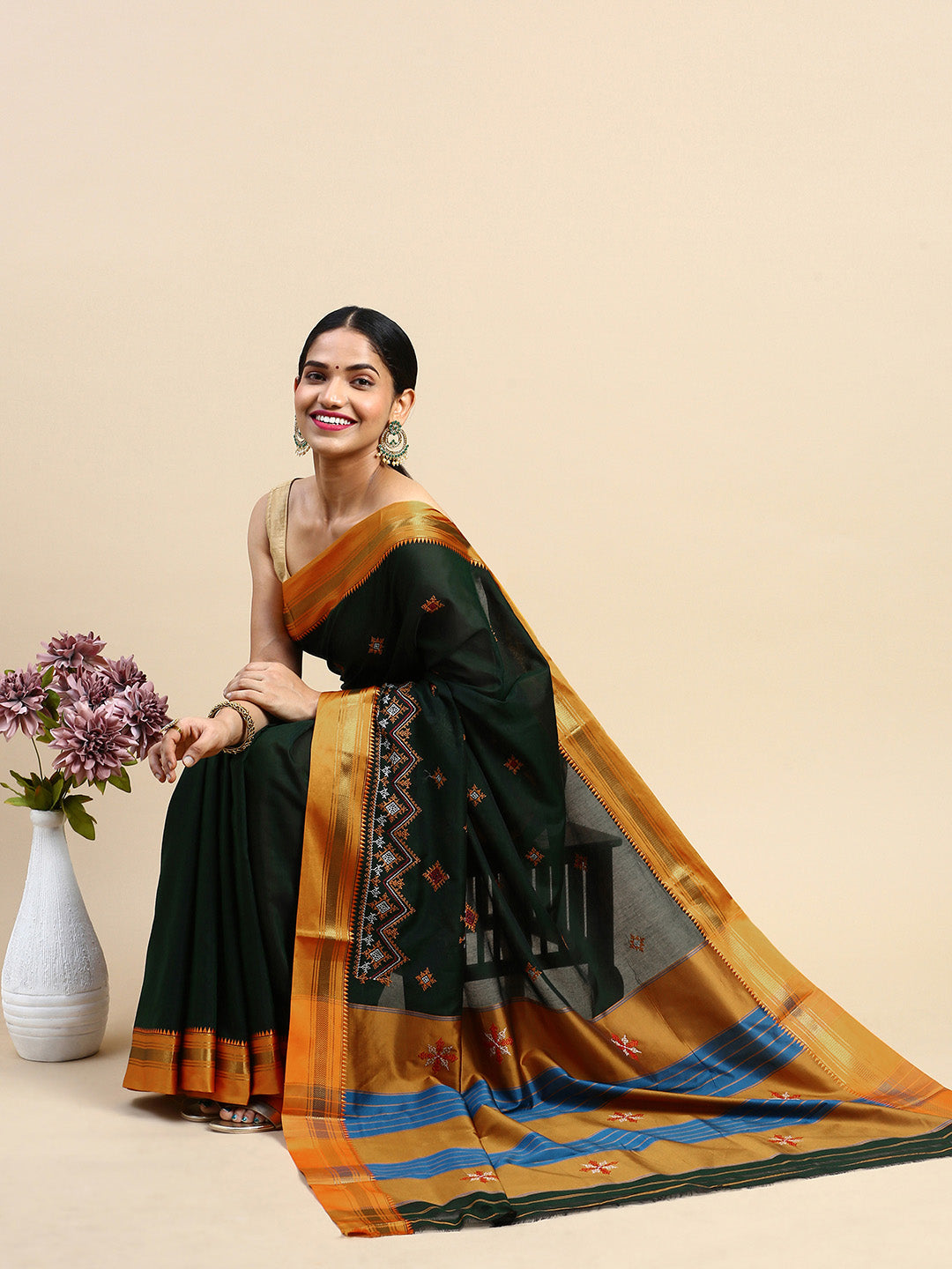 Mustard (Yellow) Cotton Saree Karnataka Kasuti WorkAnd Silk Border