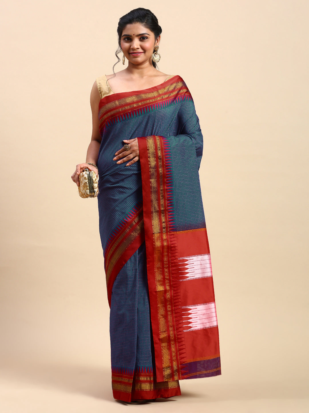 Indigo Blue Thane Warp Check Saree with Top Pallu