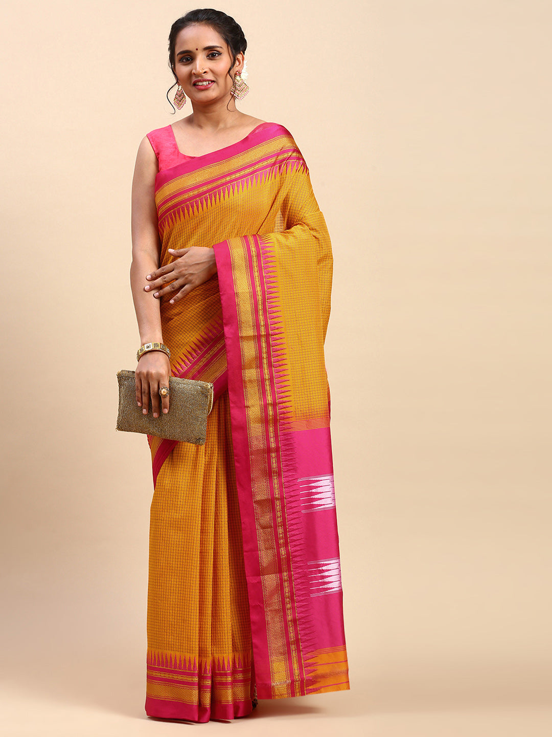 Gold Yellow Thane Warp Check Saree with Top Pallu