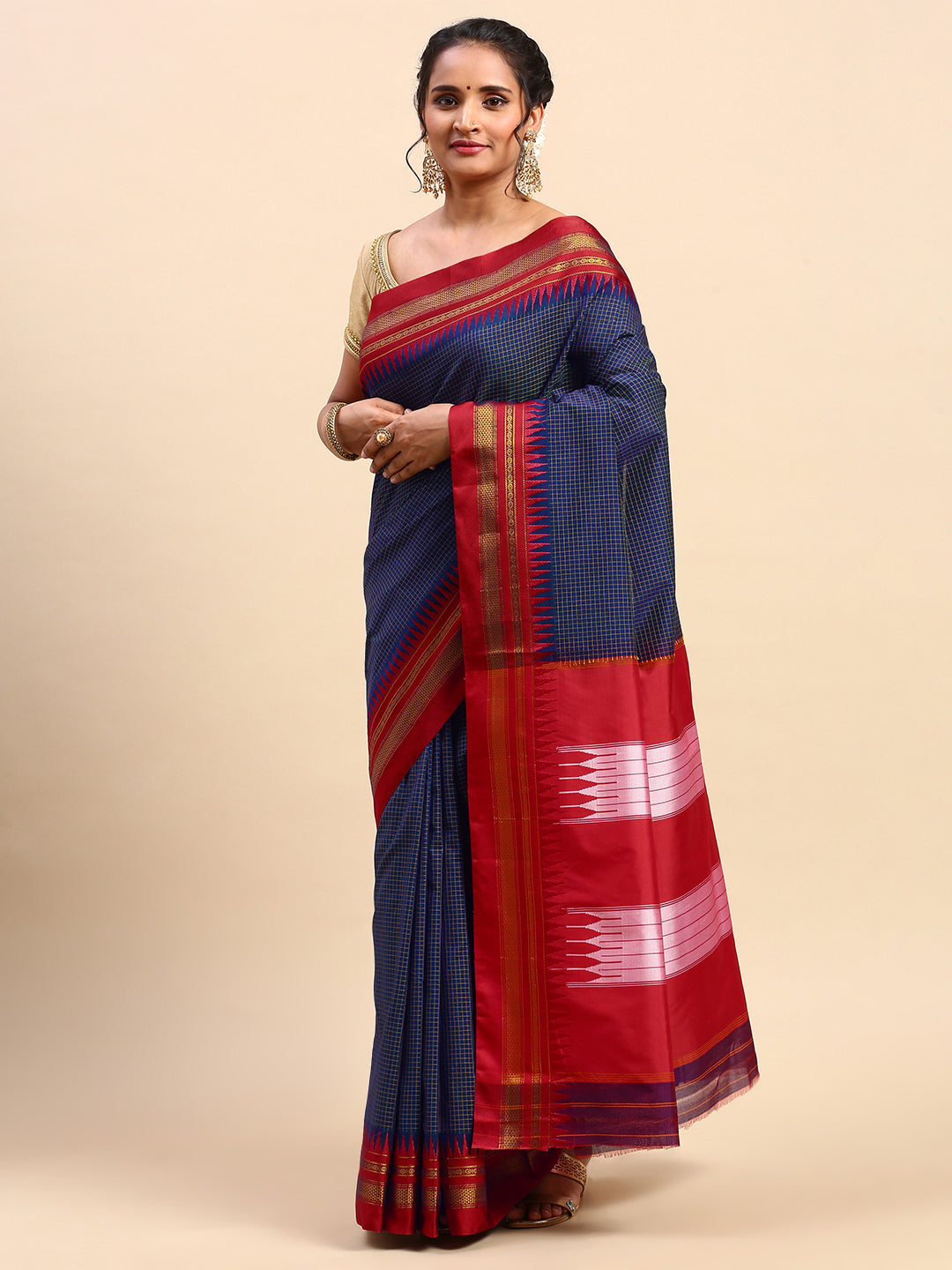 Dark Indigo Thane Warp Check Saree with Top Pallu