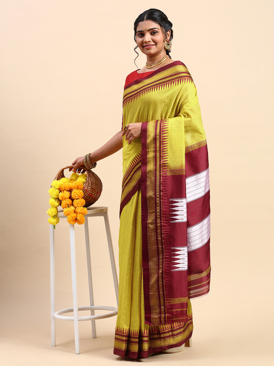 Yellow Thane Warp Check Saree with Top Pallu