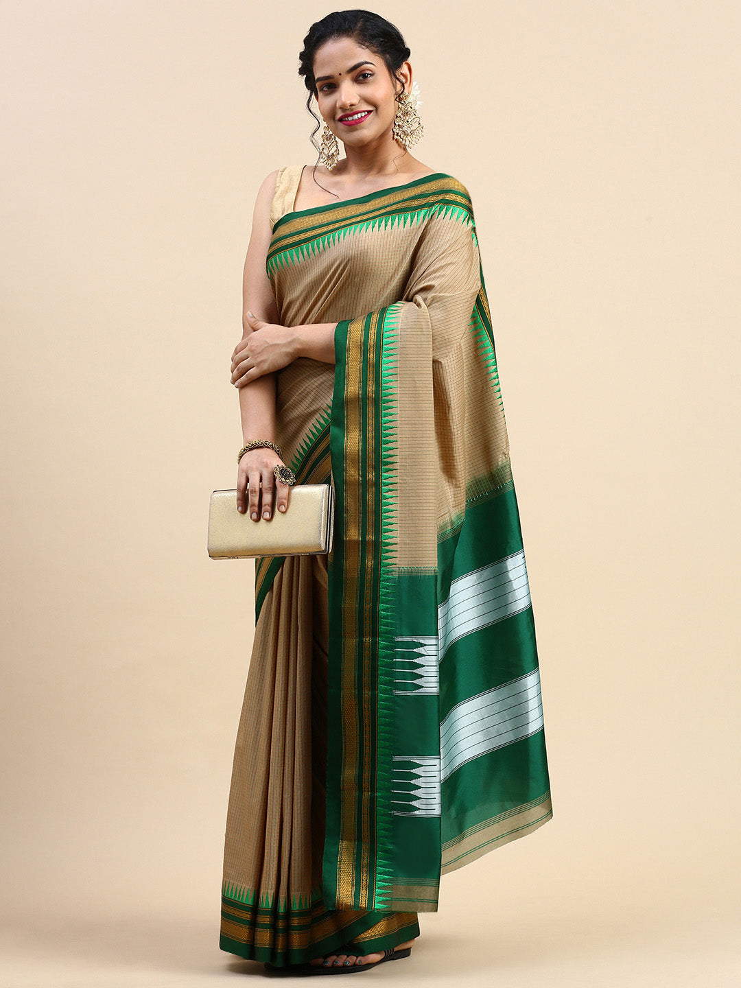 Khaki Thane Warp Check Saree with Top Pallu