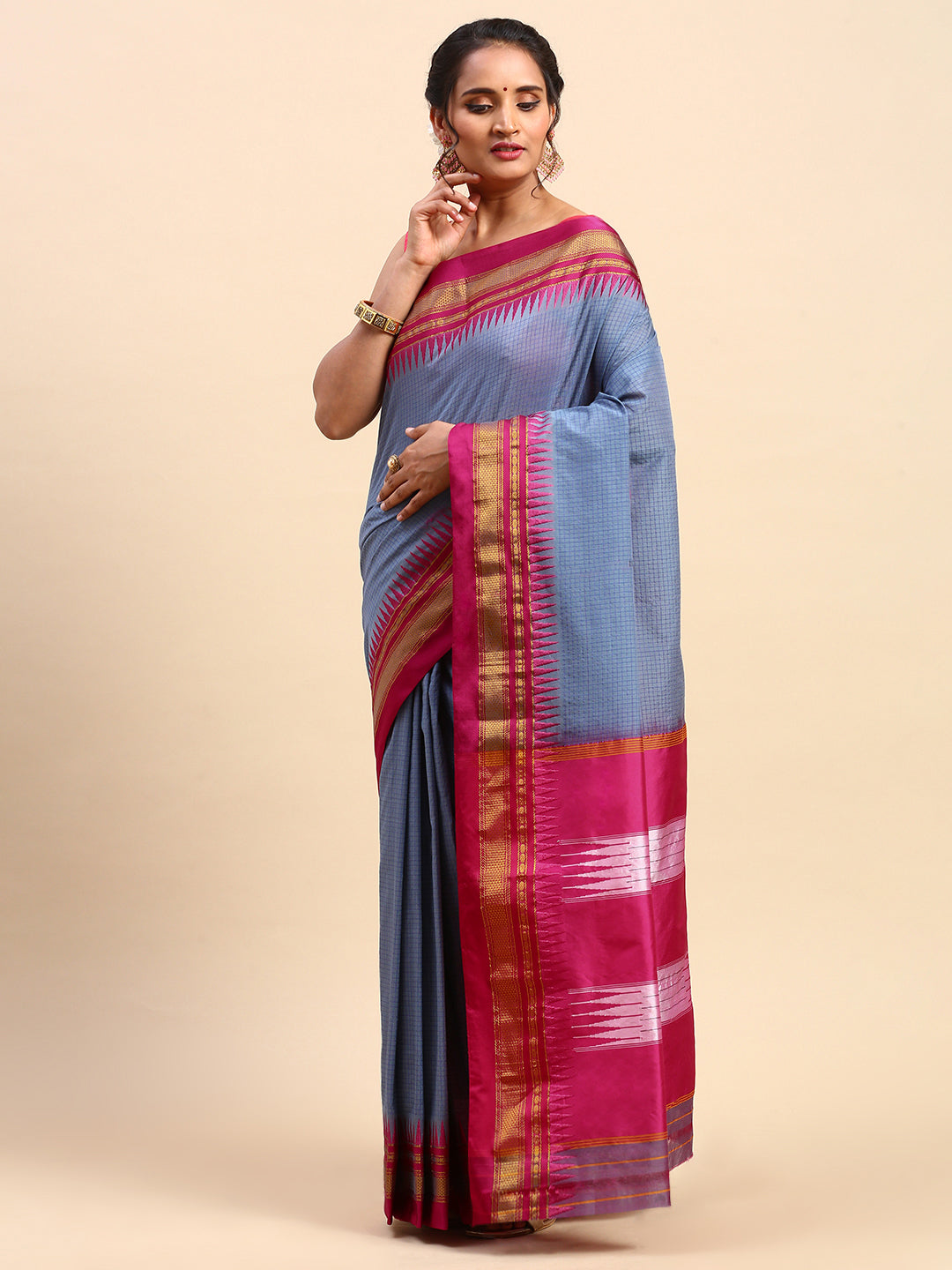 Metallic Gray Thane Warp Check Saree with Top Pallu