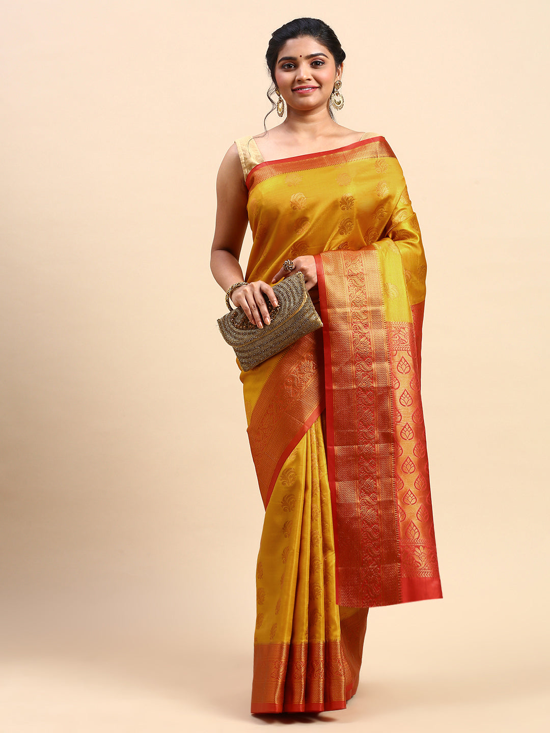 Goldish Yellow Traditional & Royal Kanchipuram Silk Butta Work Saree