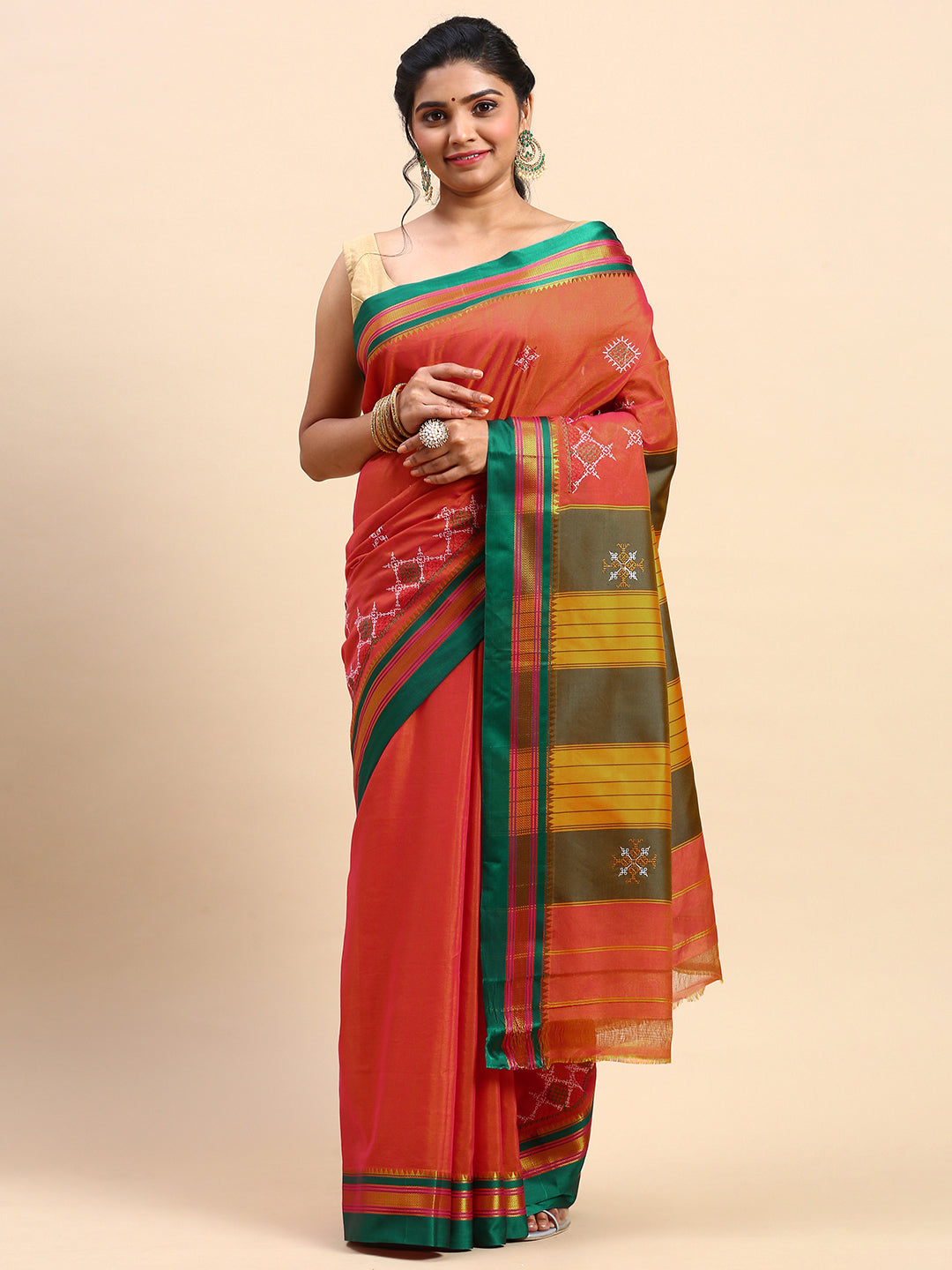 Bright Orange Cotton Saree With Karnataka Kasuti Work And Silk Border