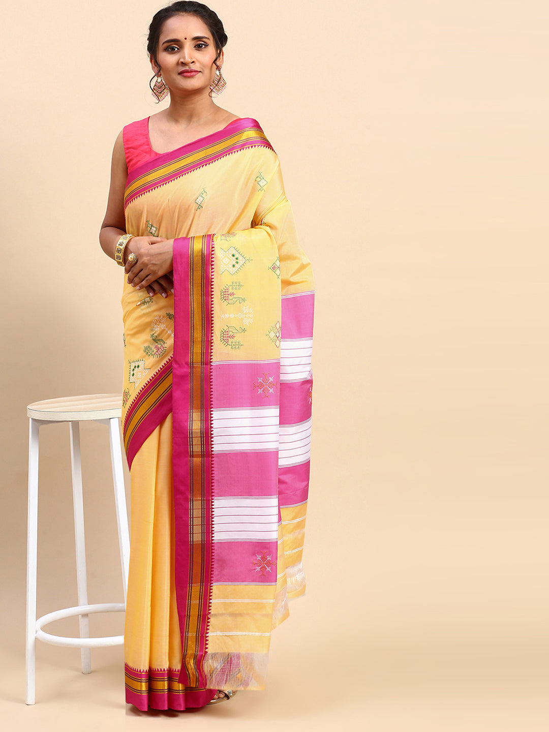 Lemon Yellow Cotton Saree With Karnataka Kasuti Work And Silk Border