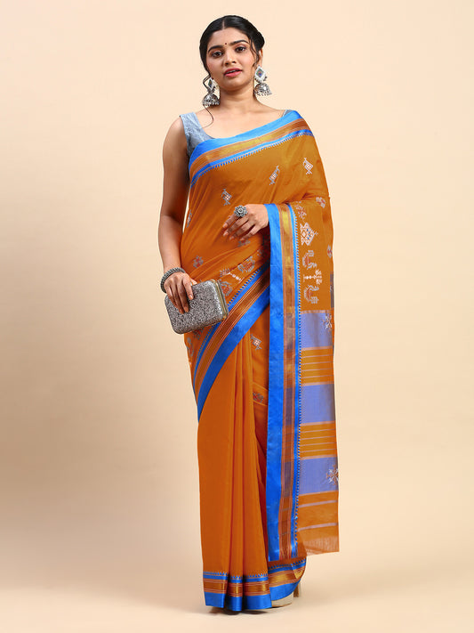 Kasuti Work Handloom Cotton Blend Saree in Brown and Metallic Blue Border