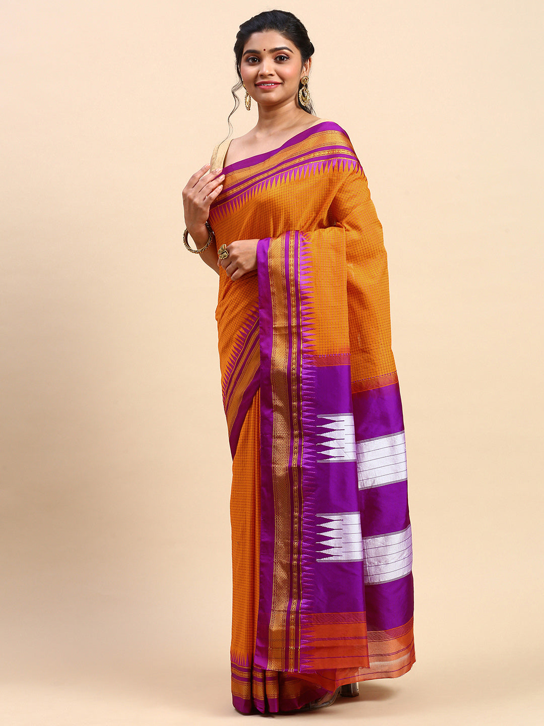 Orange Thane Warp Check Saree with Top Pallu