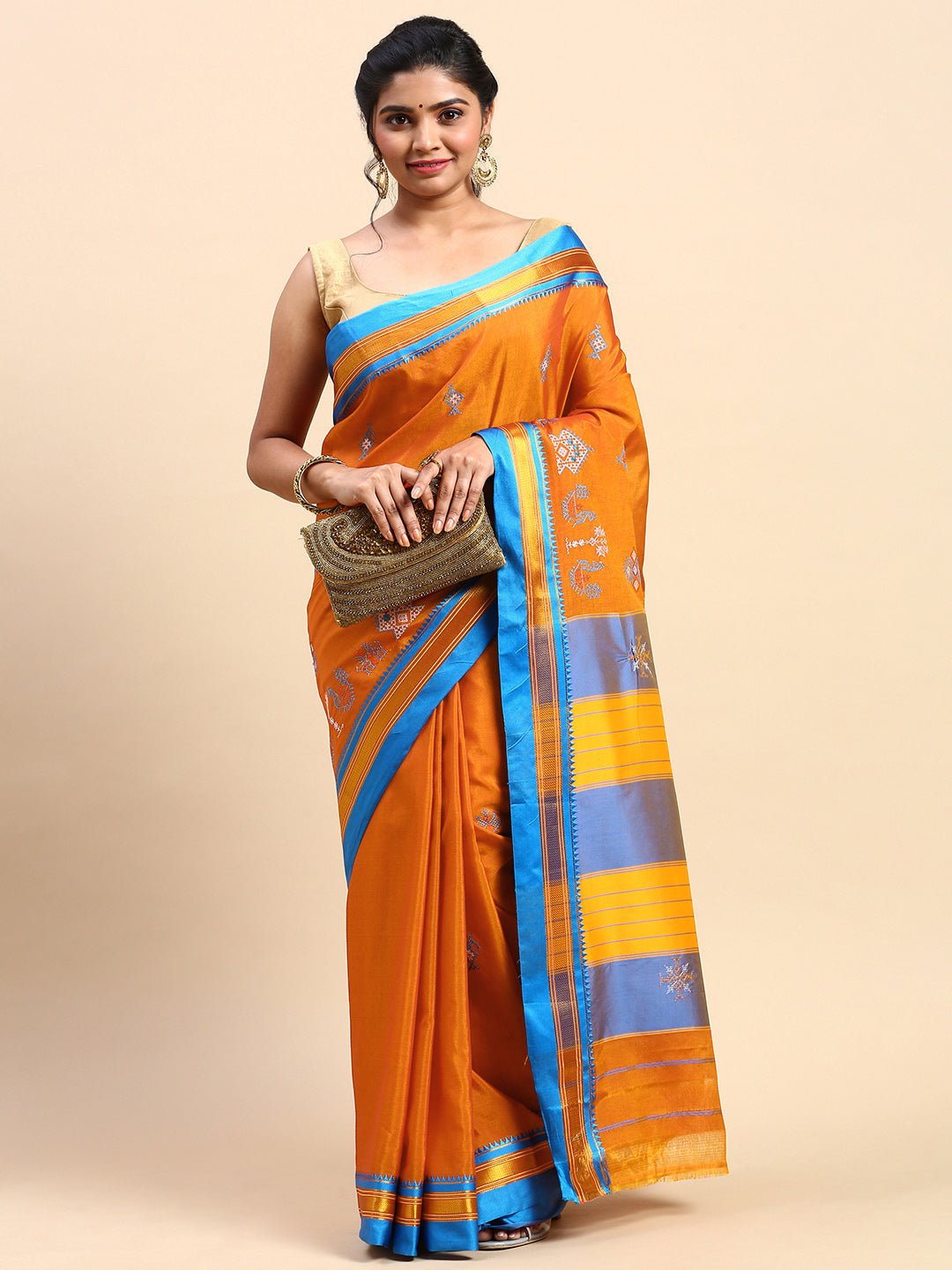 Kasuti Work Handloom Cotton Blend Saree in Gold with Blue Border