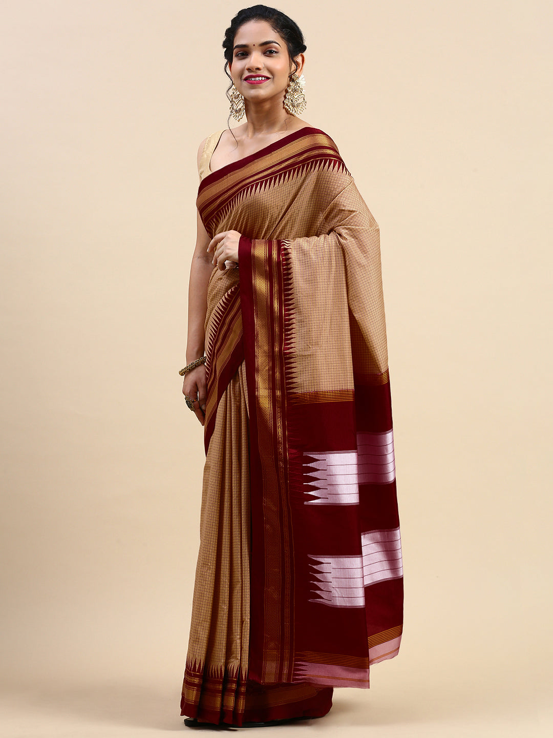 Nude color Thane Warp Check Saree with Top Pallu